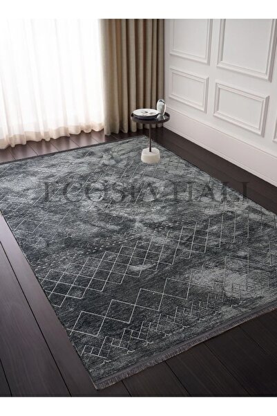 Ecosıa İskandinav Dörtgen Desenli Yüksek Kalite Yolluk Antrasit Yıkanabilir S...