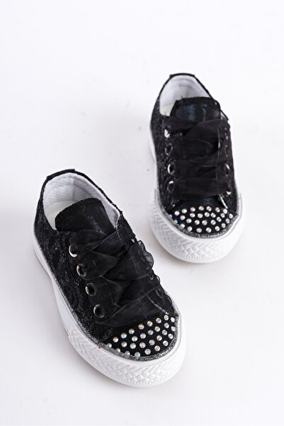 KATEYLER Yeni Sezon Taşlı Bağcıklı Siyah Kız Çocuk Ayakkabı, Kız Çocuk Ortope...