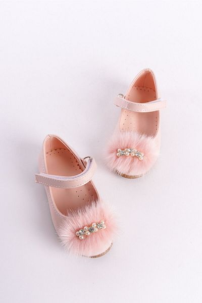 KATEYLER Powder Patent Leather Feather Stone and Pearl Detailed Girls' Ballerinas
