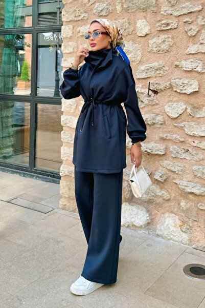 bayansepeti Stretchy Scuba Fabric Long Sleeve Sweatshirt and High Waist Tracksuit Bottom Top Navy Blue Hijab Suit 1024