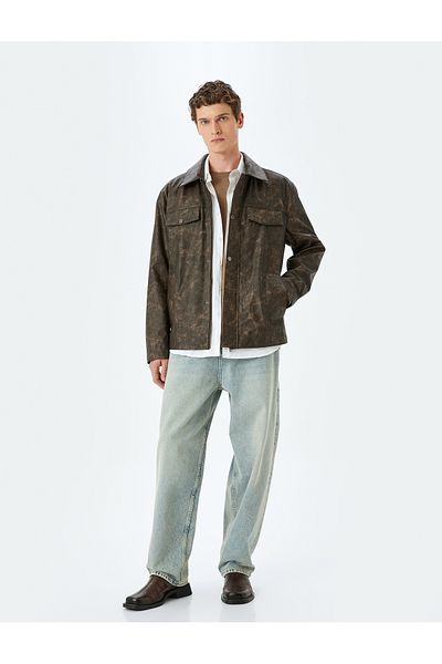 Koton Faux Leather Jacket - Shirt Collar, Flap Pocket, Snap Button