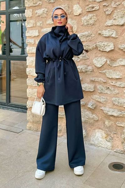 bayansepeti Stretchy Scuba Fabric Long Sleeve Sweatshirt and High Waist Tracksuit Bottom Top Navy Blue Hijab Suit 1024