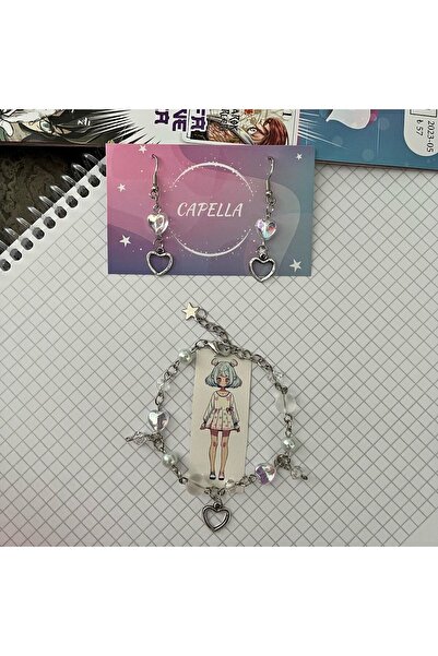 Capella Kalpli incili charmlı Fairycore /anime bileklik ve küpe seti