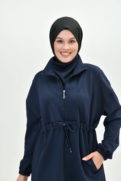 WOMAN VISION Navy Blue Scuba Fabric Hijab Set - Long Sleeve Sweatshirt and High Waist Pants 1024