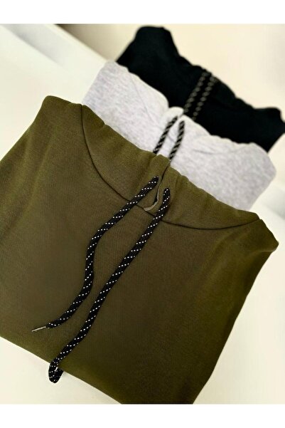 VAOV Sweatshirt Unisex Kapüşonlu Sweathirt Kazak Polar Haki Sweatshirt