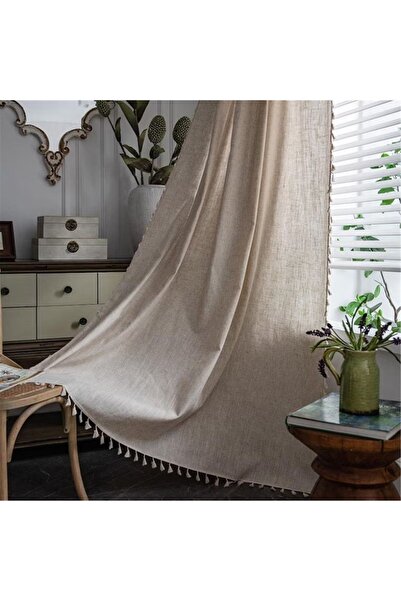 HOME ART ATELIER hand made Keten Bohem Tarz Püsküllü  Fon Perde (EN X BOY) - ...