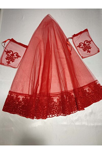 Leyli Kına Özel Kırmızı Simli Gelin Kına Duvağı,Kemer ve Eldiveni ile Kına Ör...