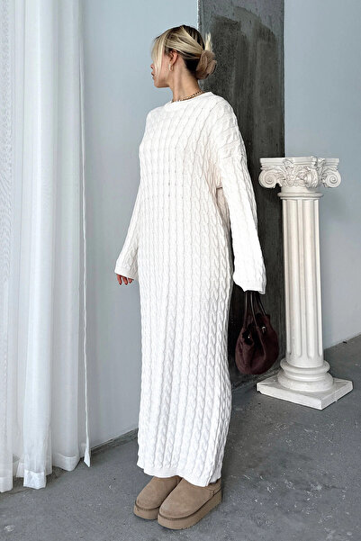 bacc Χειμερινό πλεκτό φόρεμα μίντι χρώματος πέτρας - Πλεκτό λαιμό και πλεκτά μαλλιά Bcvl-t24elb1