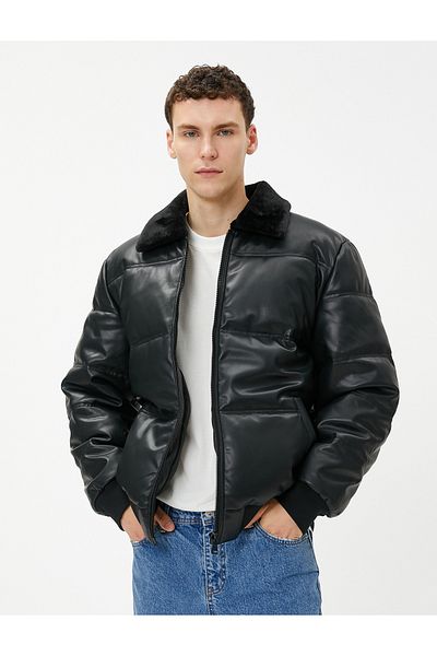 Koton Leather Look Puffer Jacket with Collar and Zippered Pockets