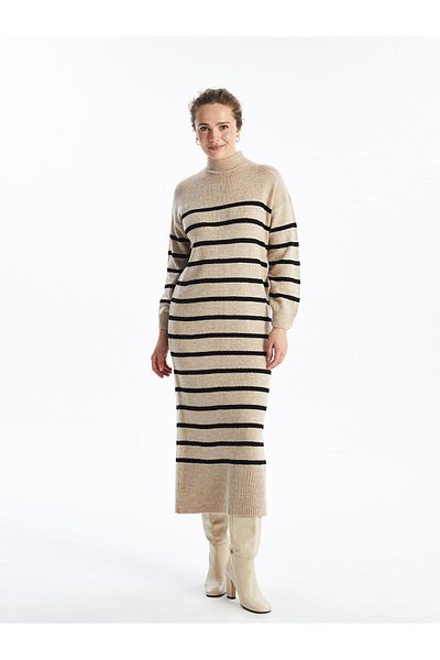LC Waikiki Rochie tricotată pentru femei LCW Modest, neagră, cu jumătate de gât țestoasă, cu dungi