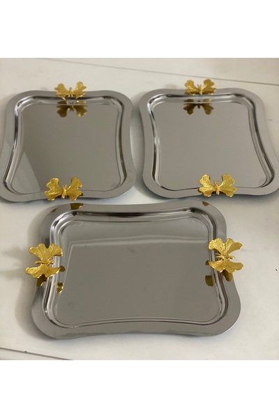 MİNEL dekor Steel Butterfly Large Model 3 Pieces Italian Serving and Presentation Tray 26 cm