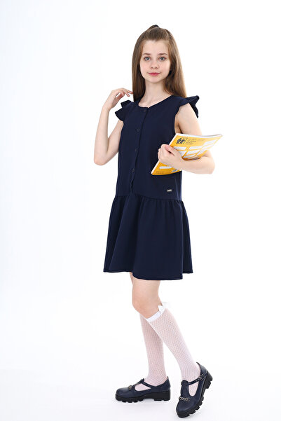 Toontoy Girl's Buttoned Metal Crest Detailed School Dress