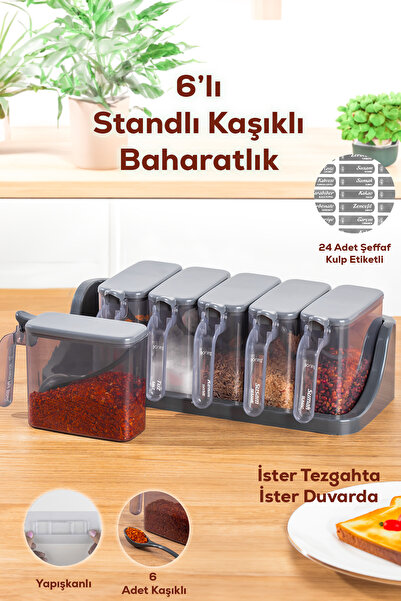 Porsima 1182 6 Lı Standlı Kendinden Yapışkanlı Kapaklı Kaşıklı Baharatlık Takımı -etiketli Baharatlık