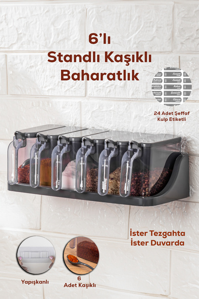 Porsima 1182 6 Lı Standlı Kendinden Yapışkanlı Kapaklı Kaşıklı Baharatlık Takımı -etiketli Baharatlık