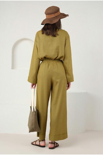 HEQA Olive Linen Wide Leg Trousers