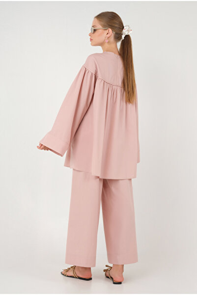 HEQA Απαλό ροζ ποπλίνα φαρδύ παντελόνι