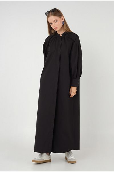 HEQA Rochie din poplin negru - guler adunat