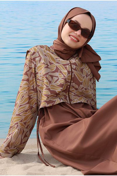 HEQA طقم سباحة منقوش باللون القهوة