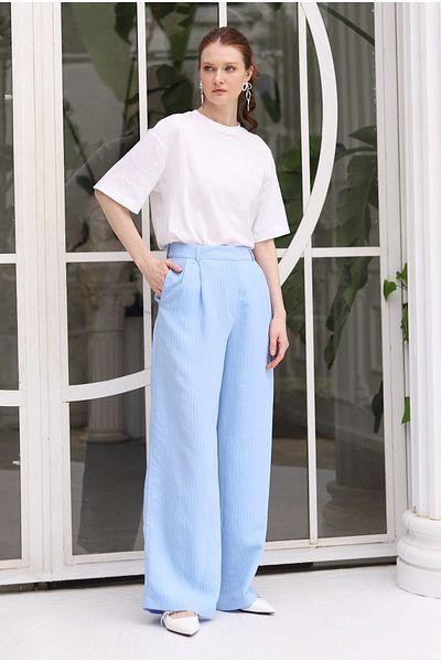 HEQA Pantaloni modal cu picioare late cu dungi Baby Blue