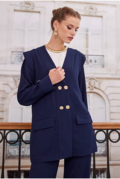 HEQA Σετ μπλέ μπλέ με διπλό στήθος και παντελόνι