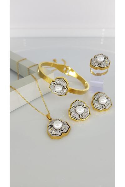 SONES Düğün Nişan Söz Talkısı Inci Pırıltısı 4'lü Doğum Günü Hediye Çelik Takı Set Sns13 Anneye Hediye