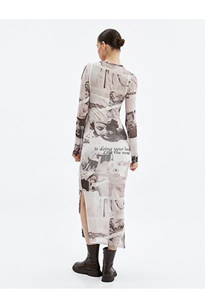 Koton Διάφανο φόρεμα με επένδυση Maxi μακρυμάνικο λεπτομέρεια σκίσιμο