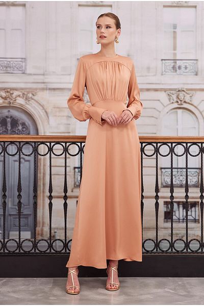 HEQA Rochie din satin adunat de culoare somon