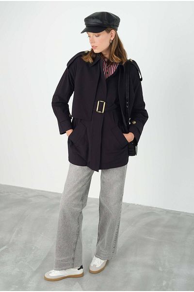HEQA Black Trench Coat - Windbreaker Detailed