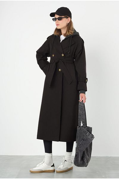 HEQA Classic Trench Coat with Epaulettes on the Sleeve Black