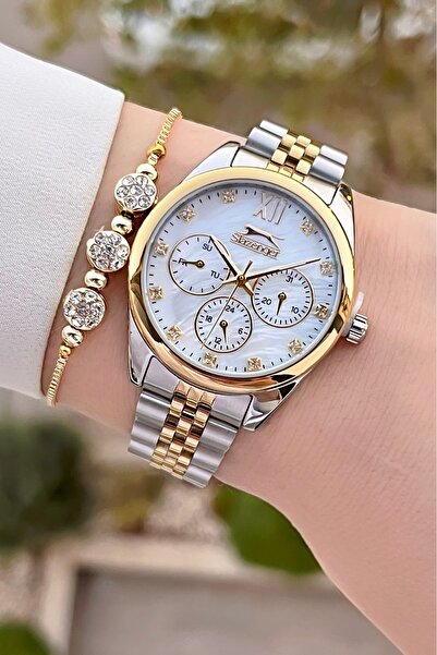 Slazenger Altın Metalik Renk 2 Yıl Garantili Kadın Kol Saati ve Bileklik