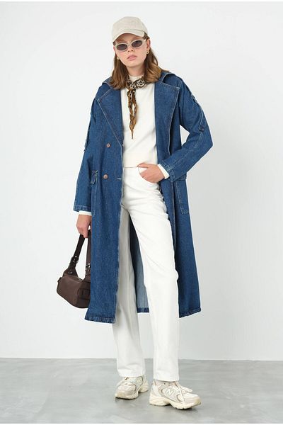 HEQA Denim Trench Coat Long Blue