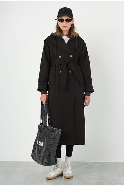 HEQA Classic Trench Coat with Epaulettes on the Sleeve Black