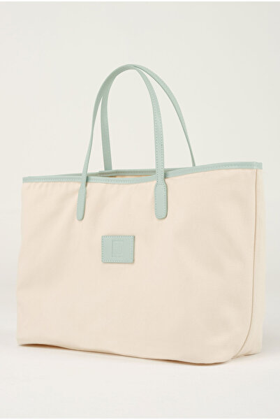 HEQA Deri Detaylı Kanvas Çanta Açık Bej-Mint