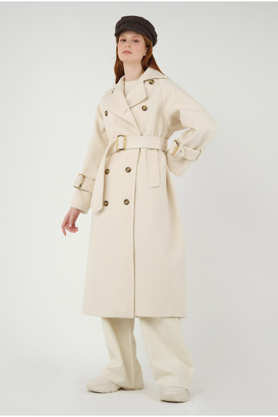 HEQA Довгий пальто з коміром-краваткою, екрю