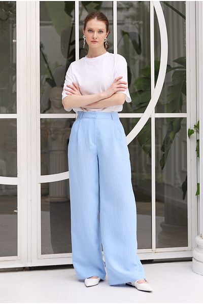 HEQA Pantaloni modal cu picioare late cu dungi Baby Blue