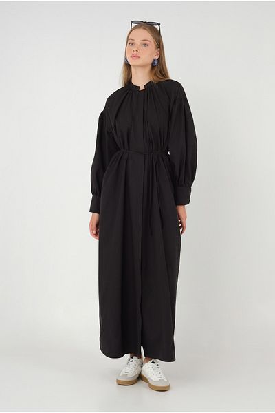 HEQA Rochie din poplin negru - guler adunat
