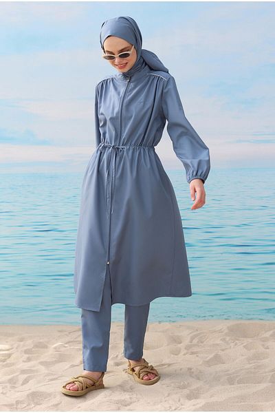 HEQA Blue Shoulder Gathered Swimming Suit