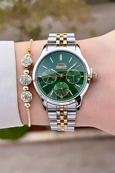 Slazenger Dial Green Korodnu Gold Metallic Color Women's Wrist Watch and Bracelet