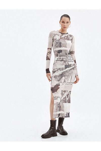 Koton Transparentes, gefüttertes Kleid in Maxilänge mit langen Ärmeln und Schlitzdetail