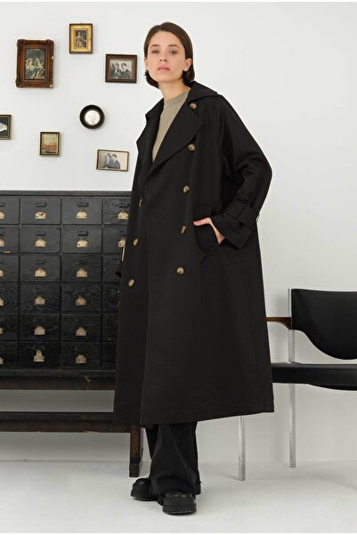 HEQA Kemeri Tokalı Trençkot Siyah