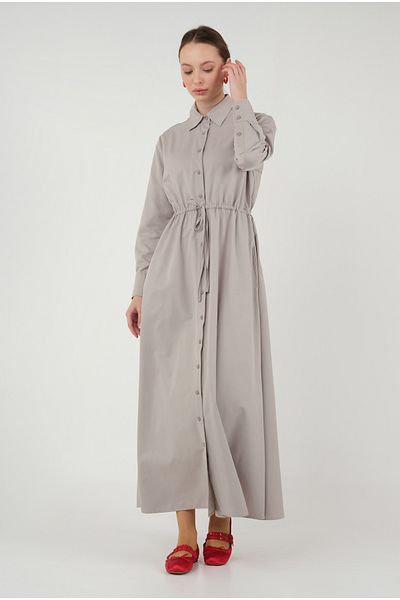 HEQA Dark Stone Colored Waist Tunnel Detailed Dress