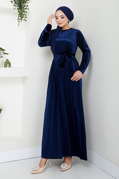 ModaMerve Rochie din catifea bleumarin - Detaliu plisat, Model Y: 2012EFY931-M