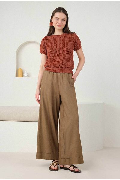 HEQA Pantaloni largi din in cu model de coajă de alune