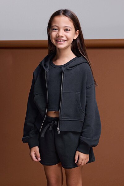 BABOKAH (Kids Girl) Fermuarlı Kapüşonlu Kanguru Cep Sweatshirt