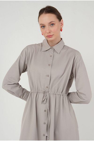 HEQA Dark Stone Colored Waist Tunnel Detailed Dress