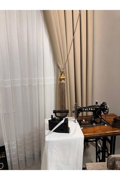 NİVEMESHOME Nivemeshome Roman Linen - 1/3 Tight Pleated Beige Background Curtain Apm