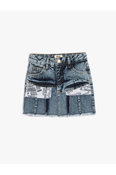 Koton Cotton Pleated Denim Skirt - Pocket and Button Detail