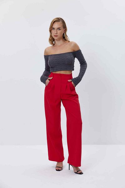 Tuba Butik Women's High Waist Palazzo Red Trousers