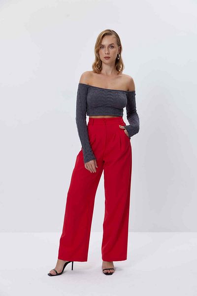 Tuba Butik Women's High Waist Palazzo Red Trousers
