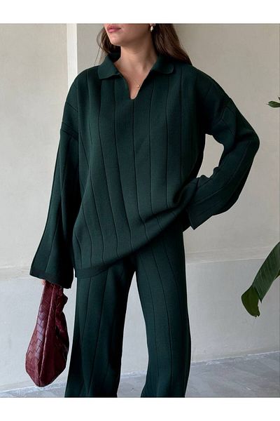 Laluvia Green Freya Polo Neck Ribbed Knitwear Set